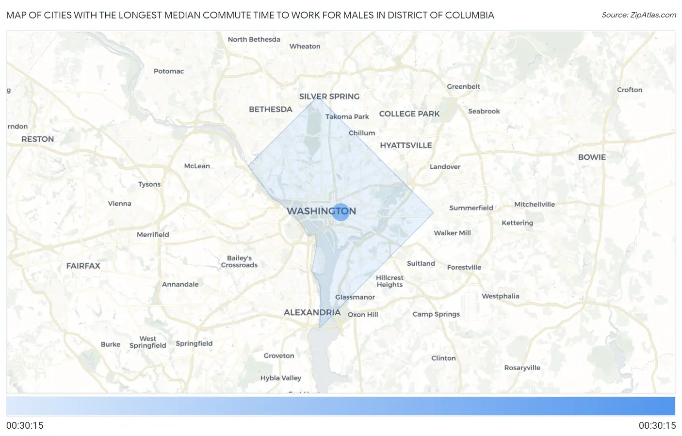 Cities with the Longest Median Commute Time to Work for Males in District Of Columbia Map