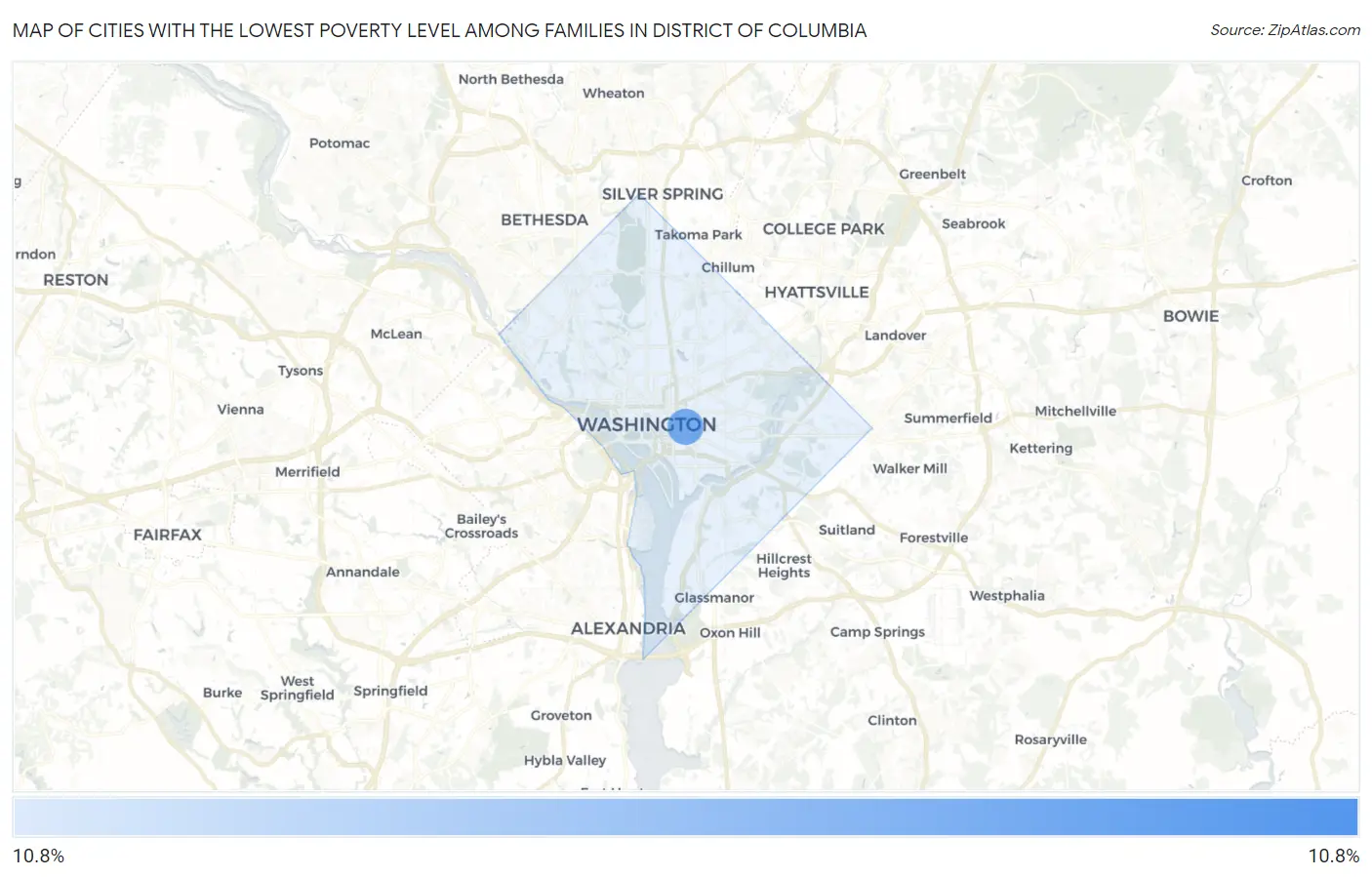 Cities with the Lowest Poverty Level Among Families in District Of Columbia Map