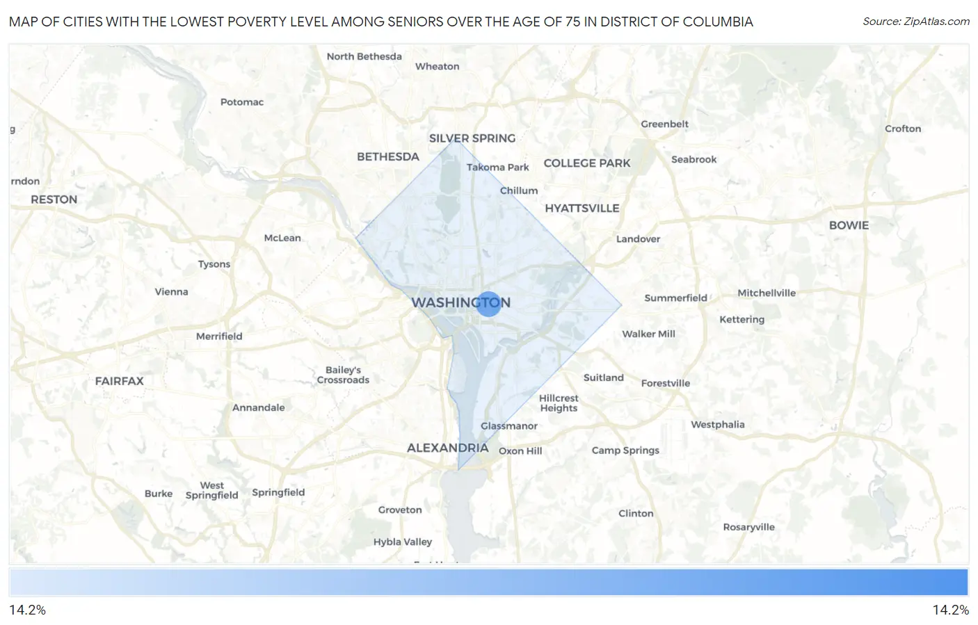 Cities with the Lowest Poverty Level Among Seniors Over the Age of 75 in District Of Columbia Map
