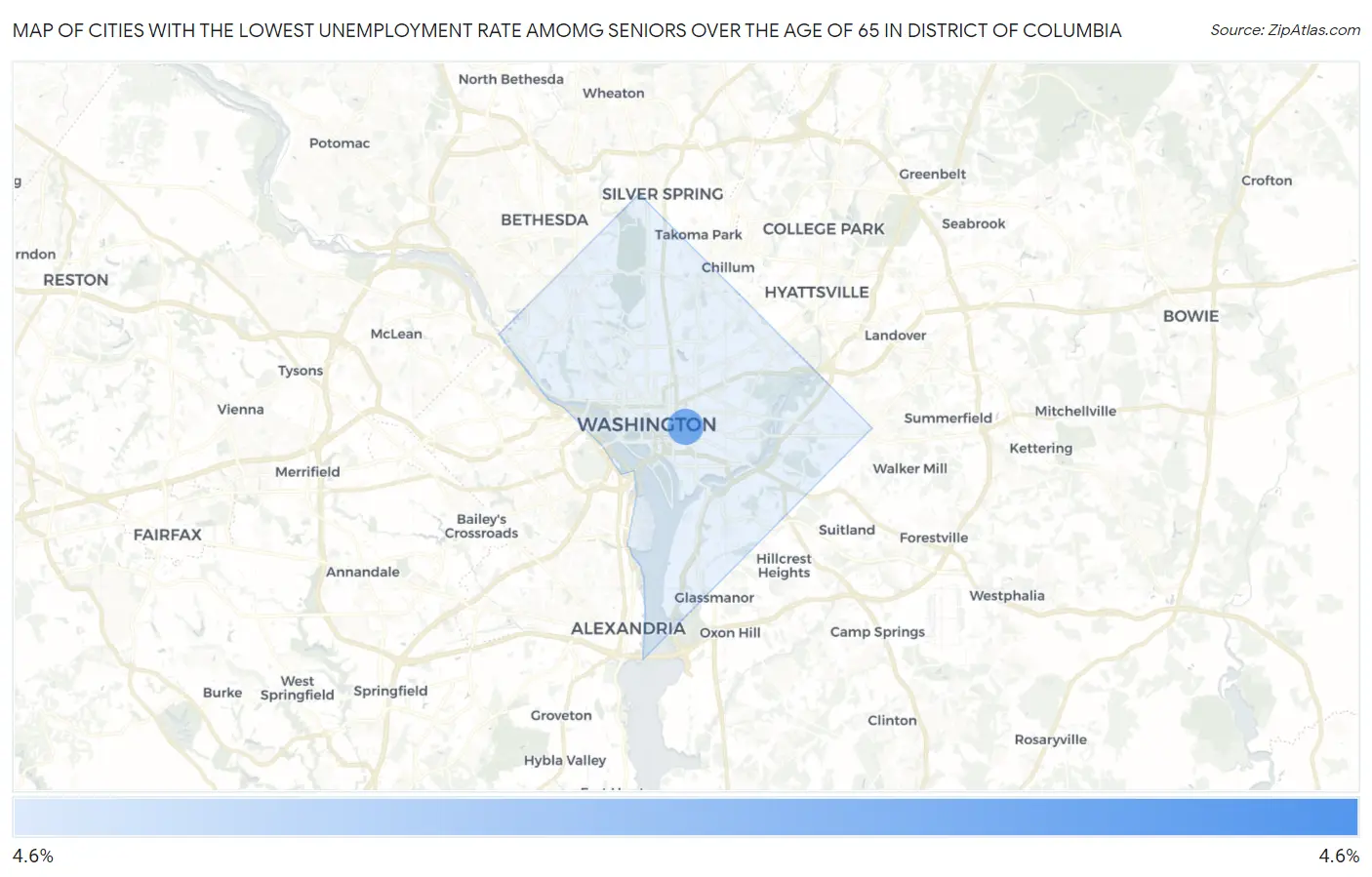 Cities with the Lowest Unemployment Rate Amomg Seniors Over the Age of 65 in District Of Columbia Map