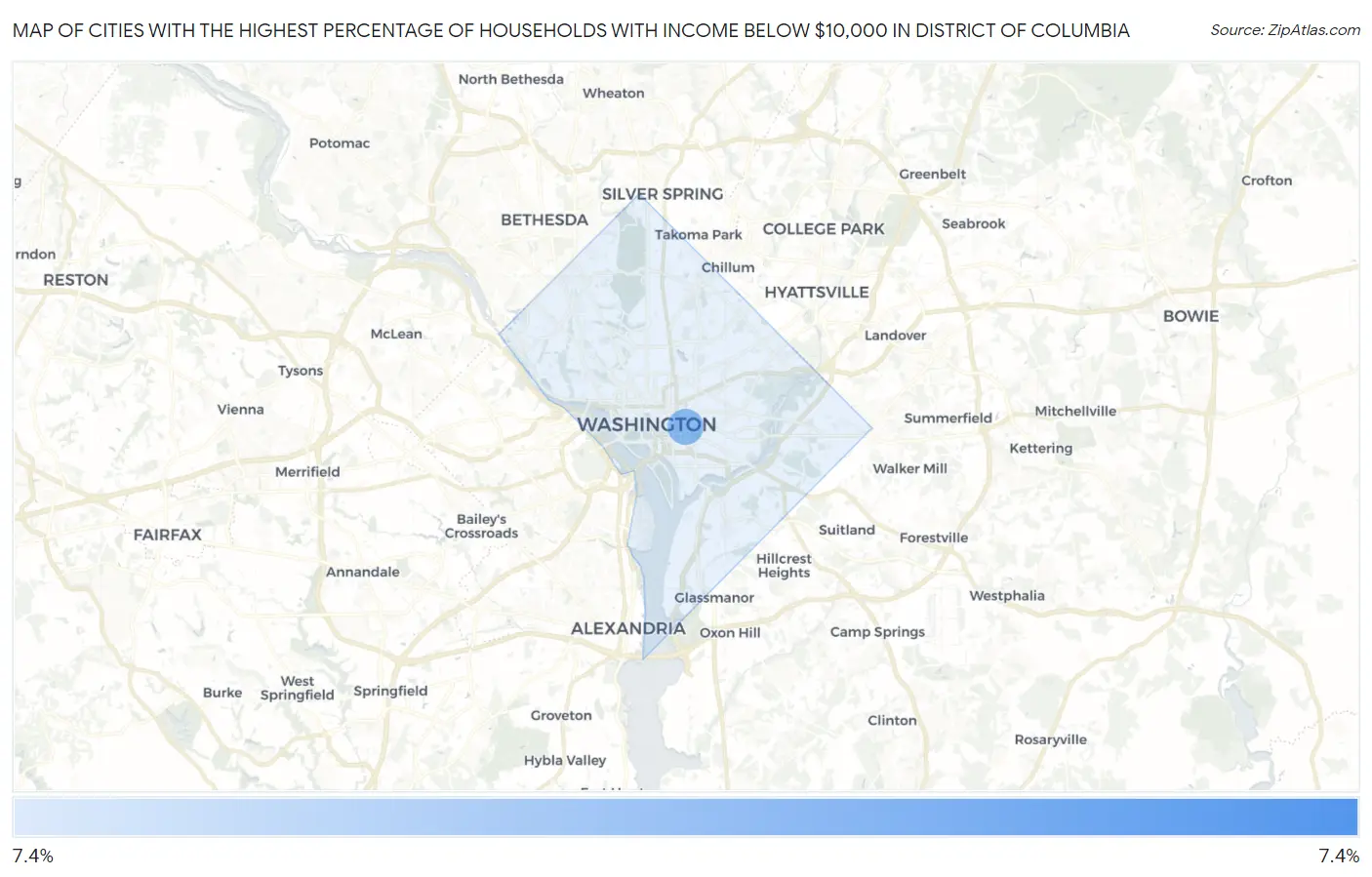 Cities with the Highest Percentage of Households with Income Below $10,000 in District Of Columbia Map