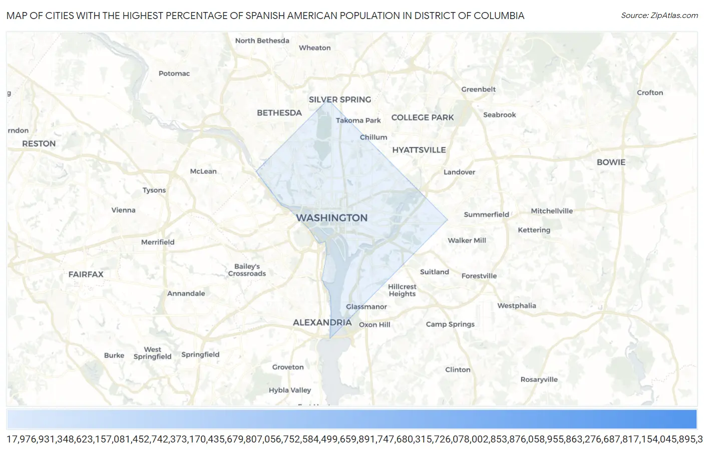 Cities with the Highest Percentage of Spanish American Population in District Of Columbia Map