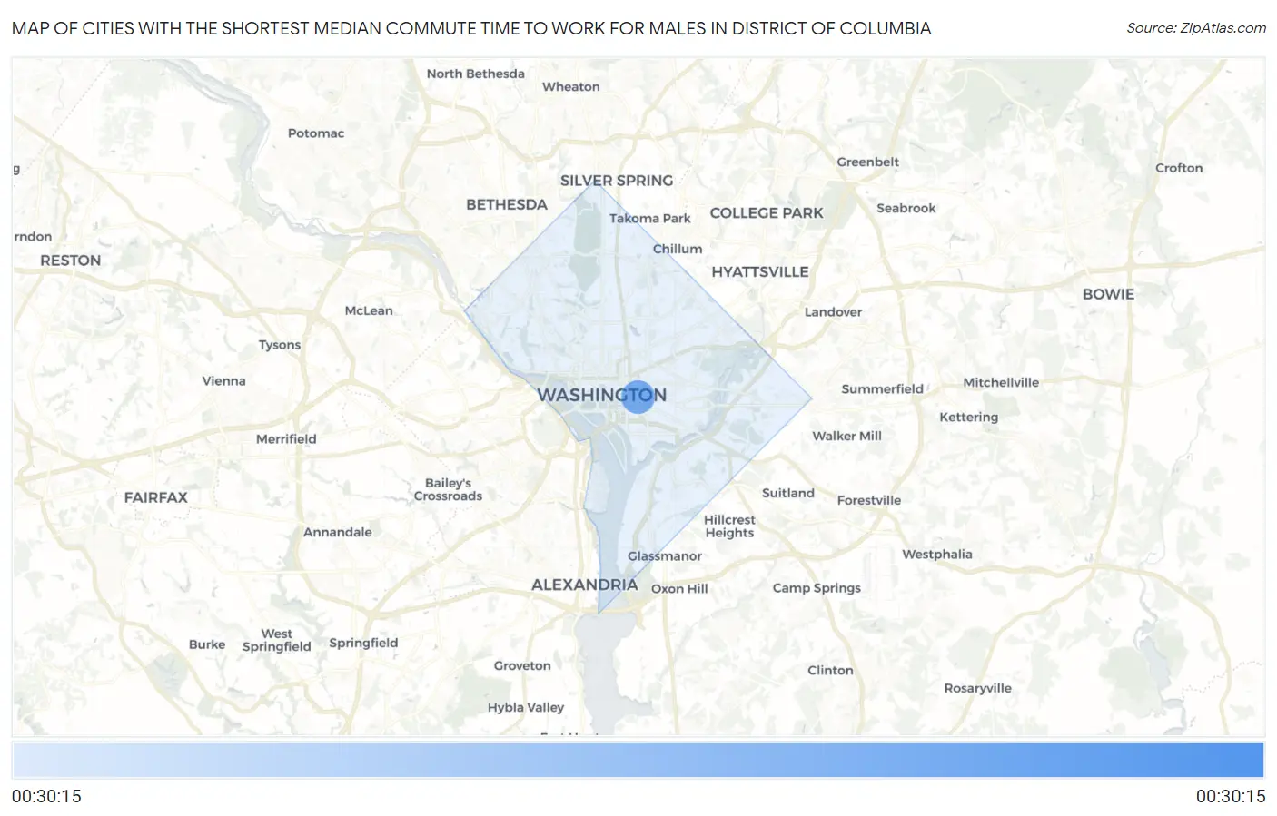 Cities with the Shortest Median Commute Time to Work for Males in District Of Columbia Map