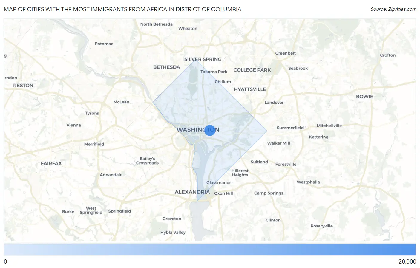 Cities with the Most Immigrants from Africa in District Of Columbia Map