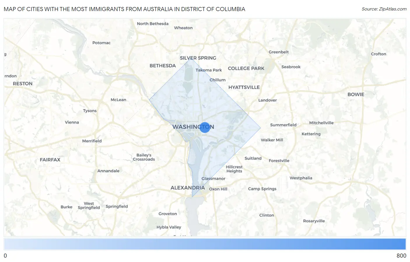 Cities with the Most Immigrants from Australia in District Of Columbia Map