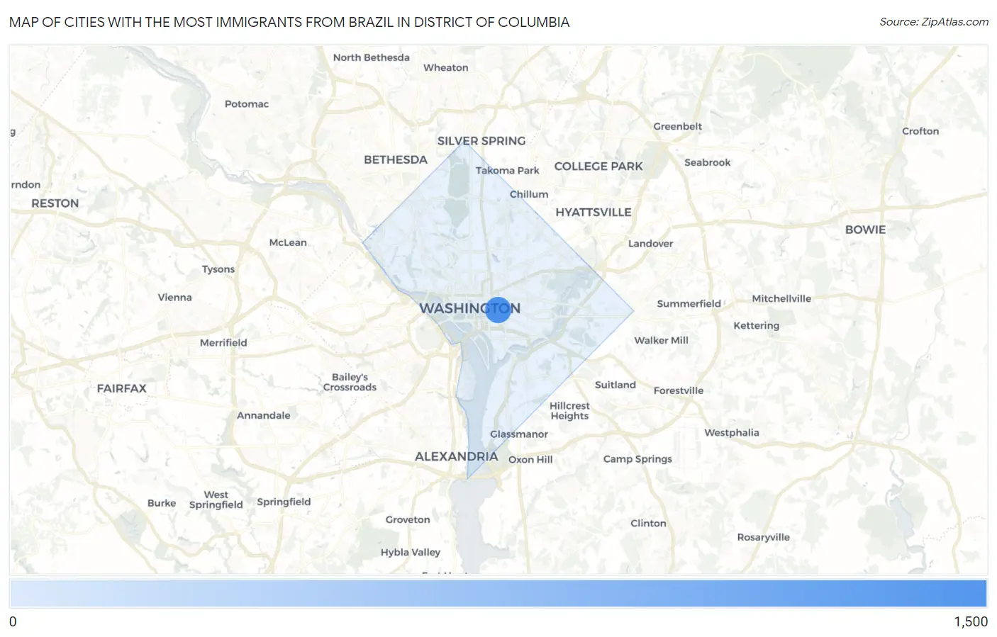 Cities with the Most Immigrants from Brazil in District Of Columbia Map