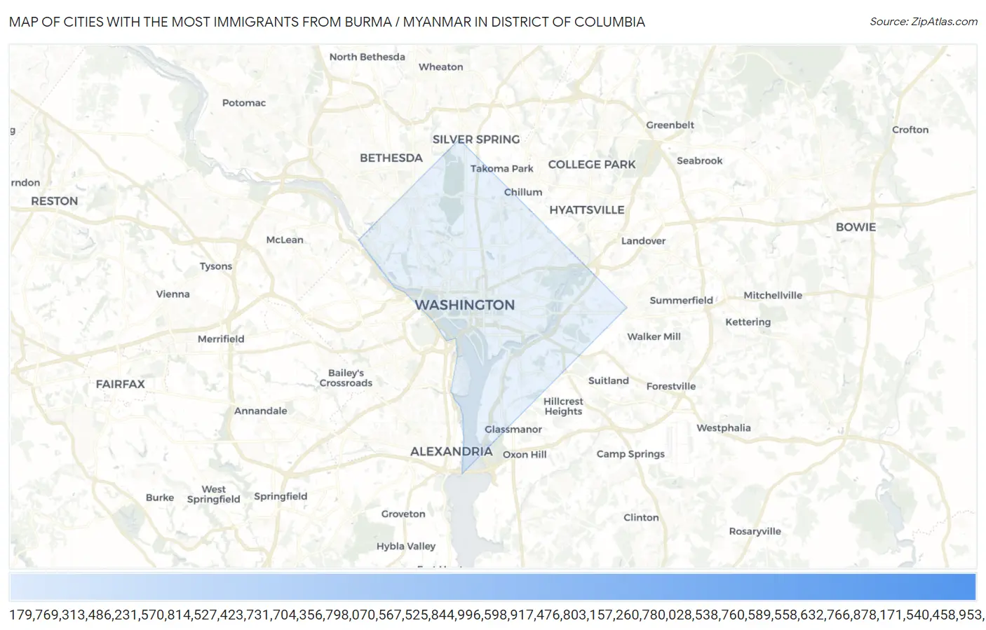 Cities with the Most Immigrants from Burma / Myanmar in District Of Columbia Map