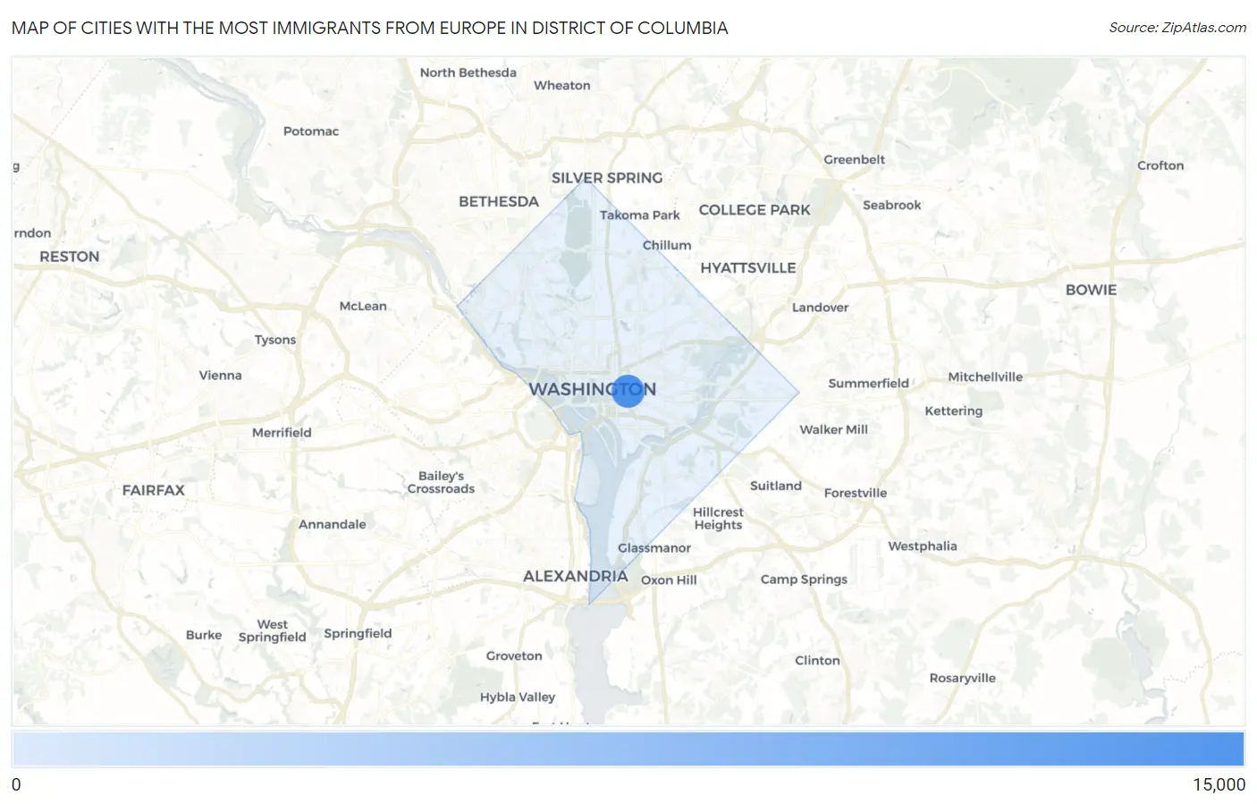 Cities with the Most Immigrants from Europe in District Of Columbia Map