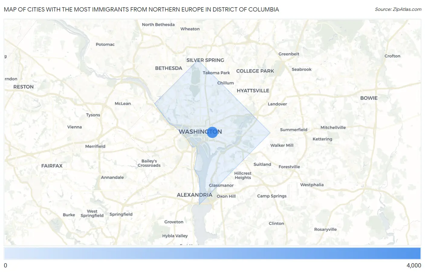 Cities with the Most Immigrants from Northern Europe in District Of Columbia Map