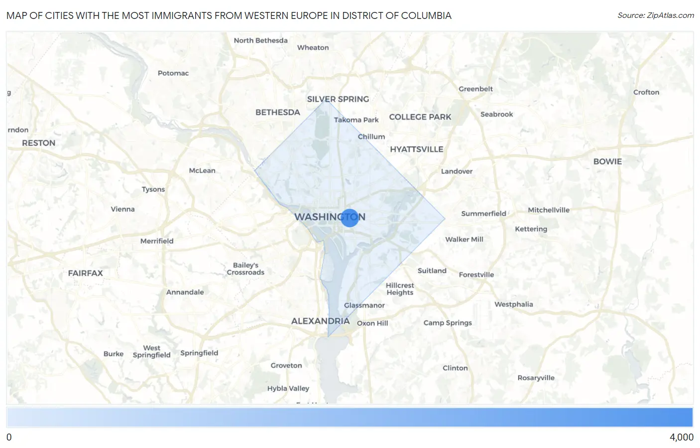 Cities with the Most Immigrants from Western Europe in District Of Columbia Map