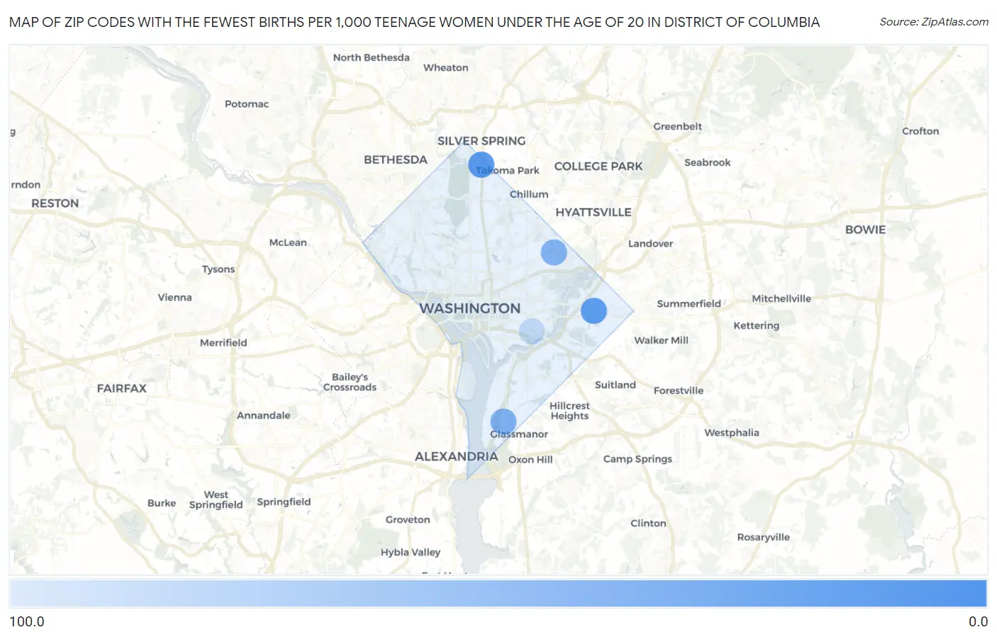 Zip Codes with the Fewest Births per 1,000 Teenage Women Under the Age of 20 in District Of Columbia Map