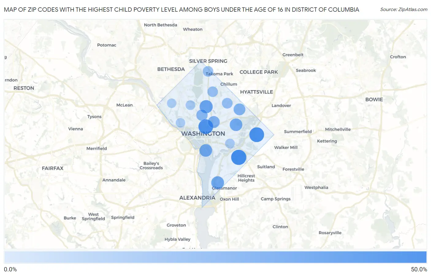 Zip Codes with the Highest Child Poverty Level Among Boys Under the Age of 16 in District Of Columbia Map