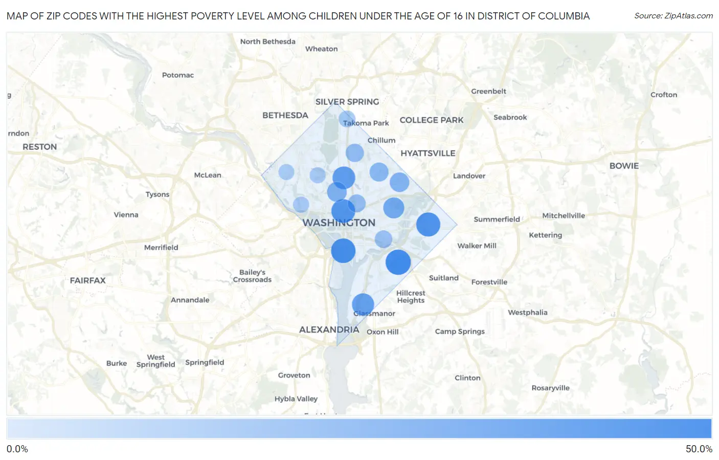Zip Codes with the Highest Poverty Level Among Children Under the Age of 16 in District Of Columbia Map