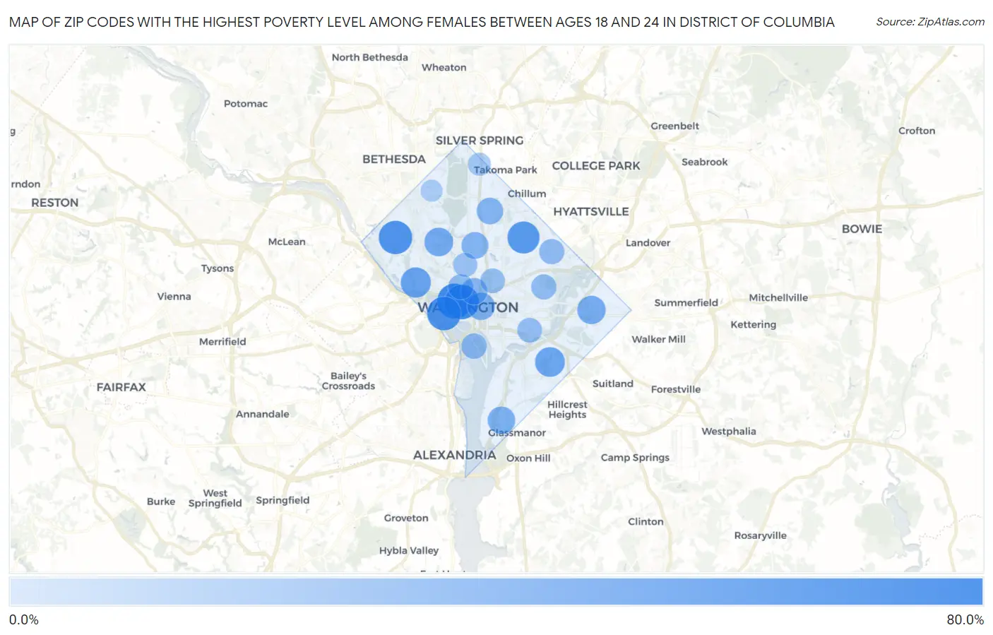 Zip Codes with the Highest Poverty Level Among Females Between Ages 18 and 24 in District Of Columbia Map