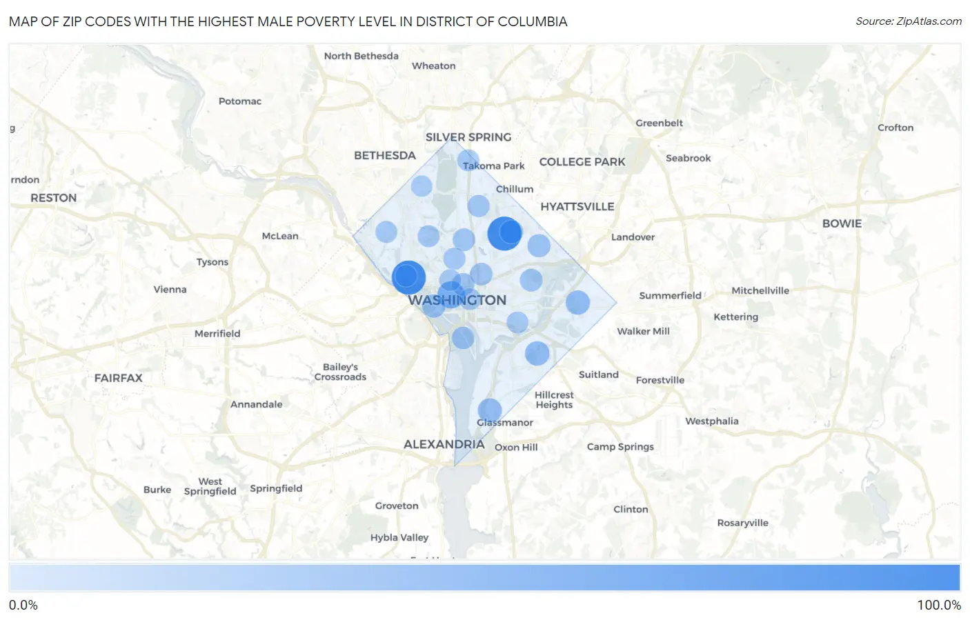 Zip Codes with the Highest Male Poverty Level in District Of Columbia Map
