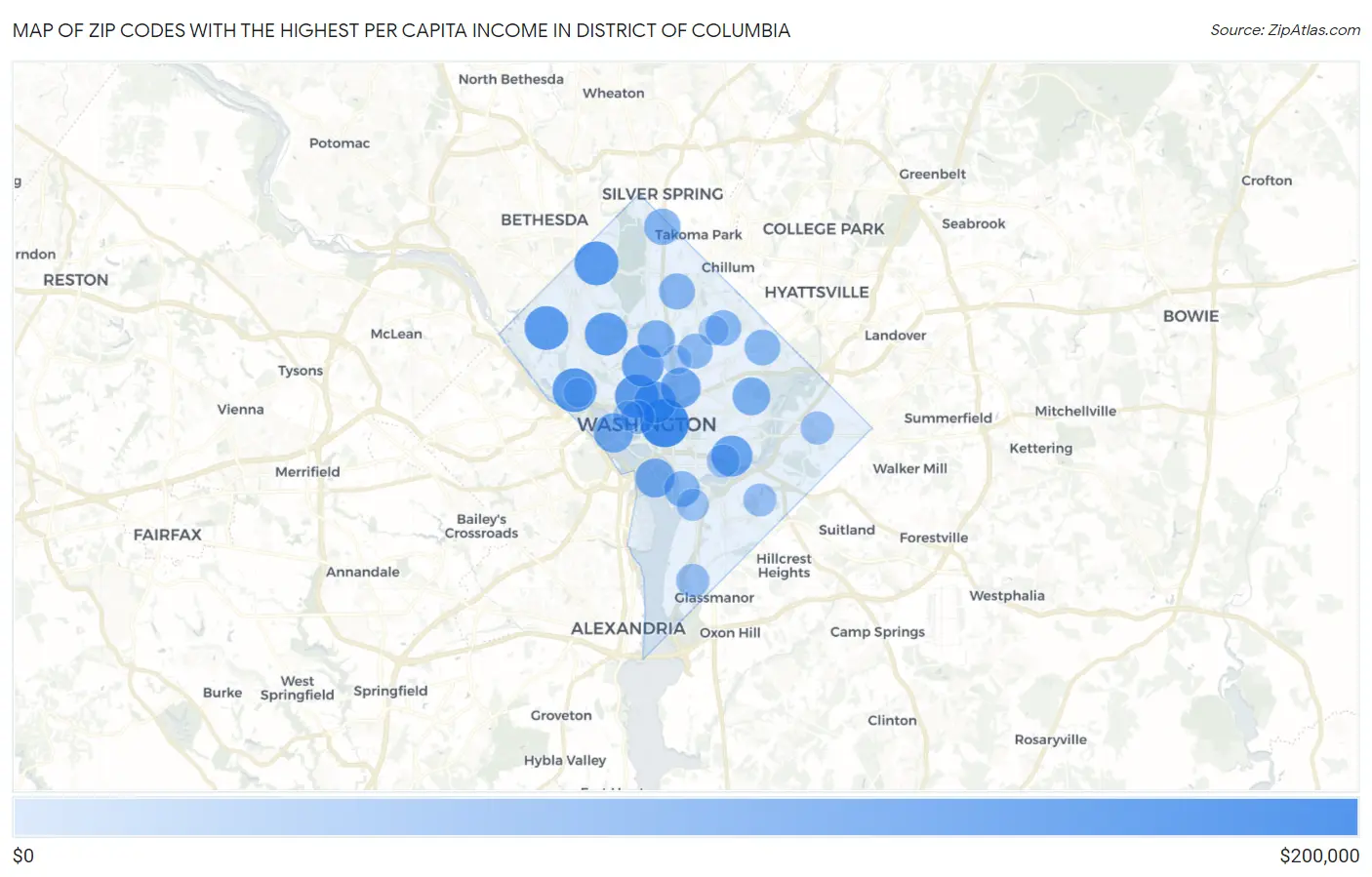 Zip Codes with the Highest Per Capita Income in District Of Columbia Map