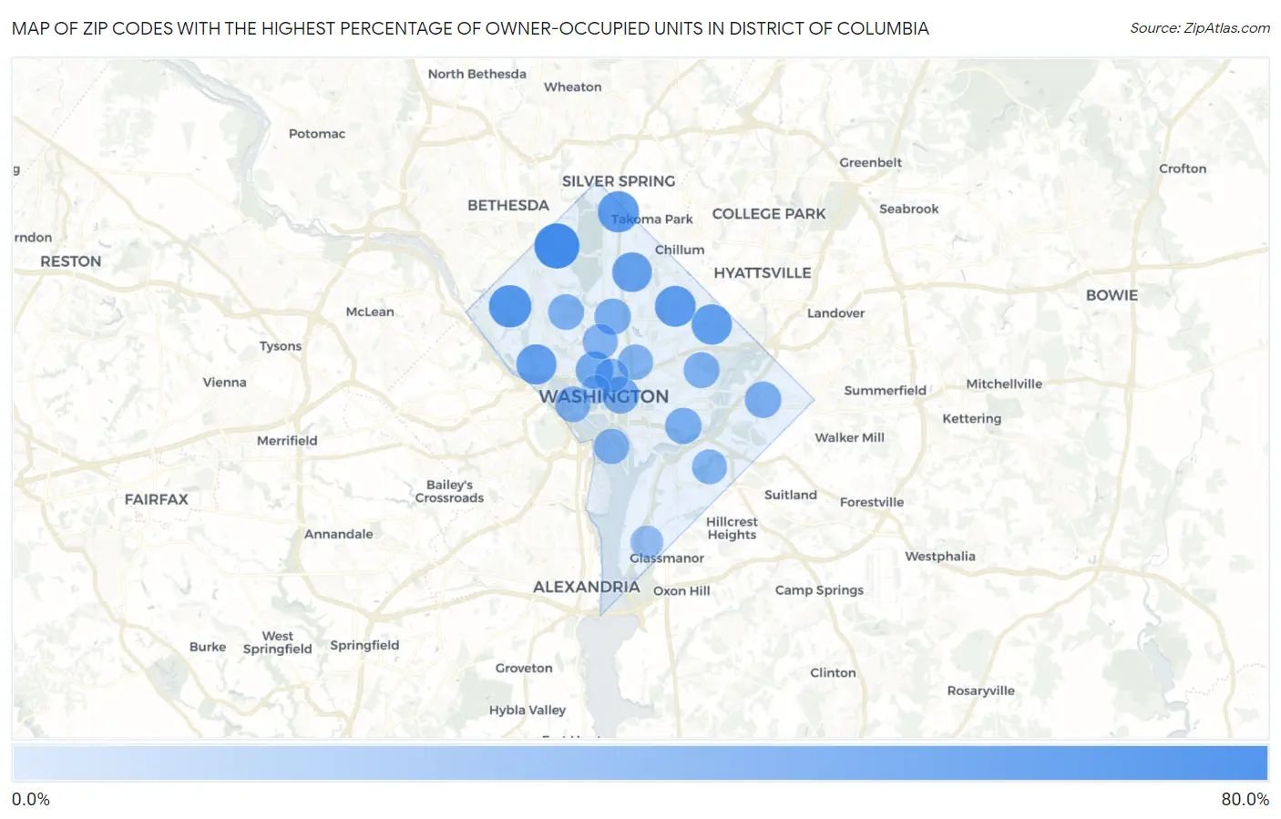 Zip Codes with the Highest Percentage of Owner-Occupied Units in District Of Columbia Map