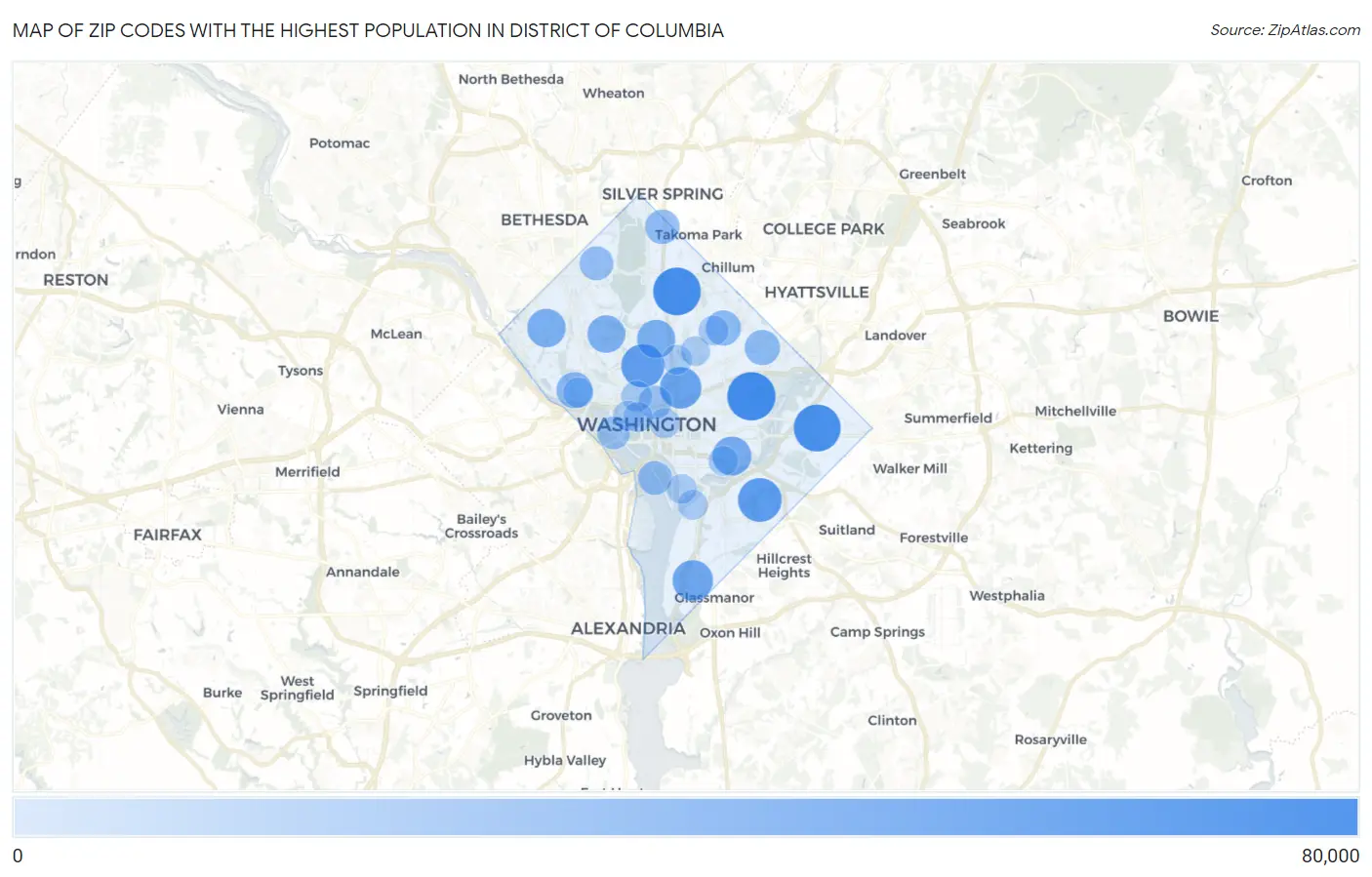 Zip Codes with the Highest Population in District Of Columbia Map
