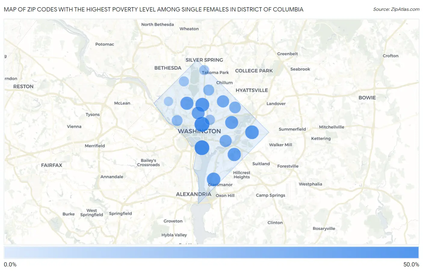 Zip Codes with the Highest Poverty Level Among Single Females in District Of Columbia Map