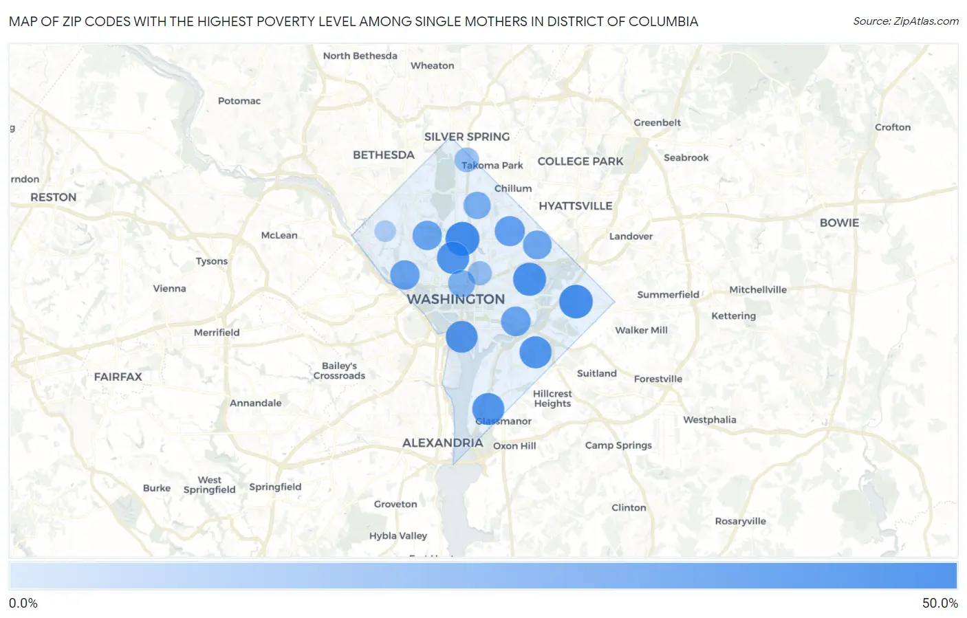 Zip Codes with the Highest Poverty Level Among Single Mothers in District Of Columbia Map