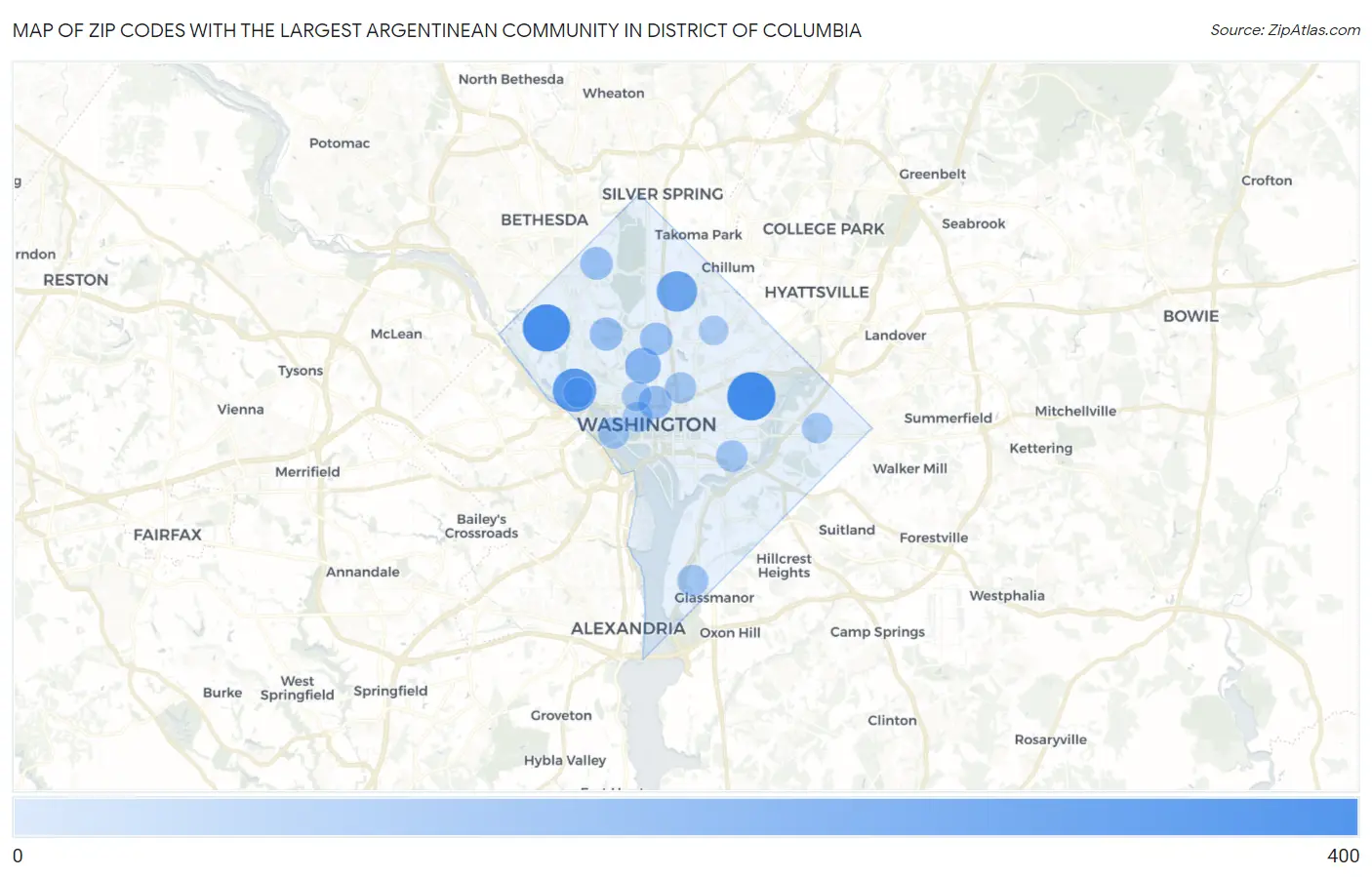 Zip Codes with the Largest Argentinean Community in District Of Columbia Map