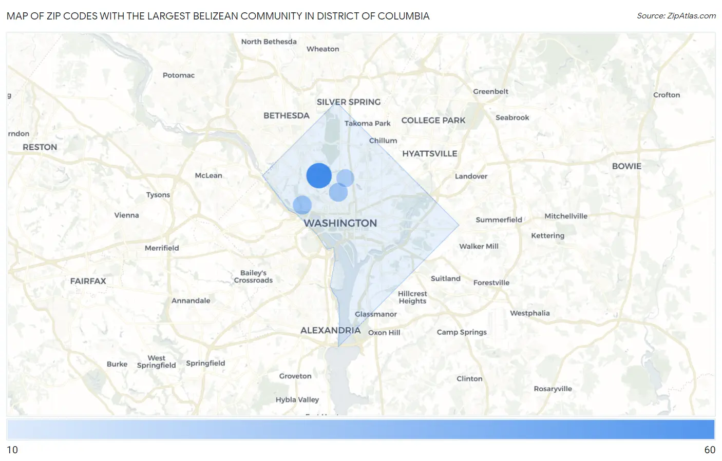 Zip Codes with the Largest Belizean Community in District Of Columbia Map