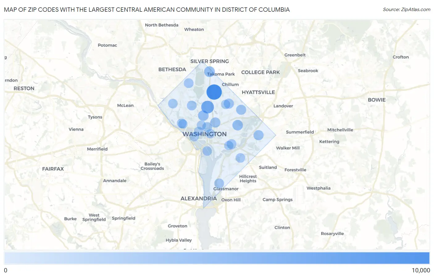 Zip Codes with the Largest Central American Community in District Of Columbia Map