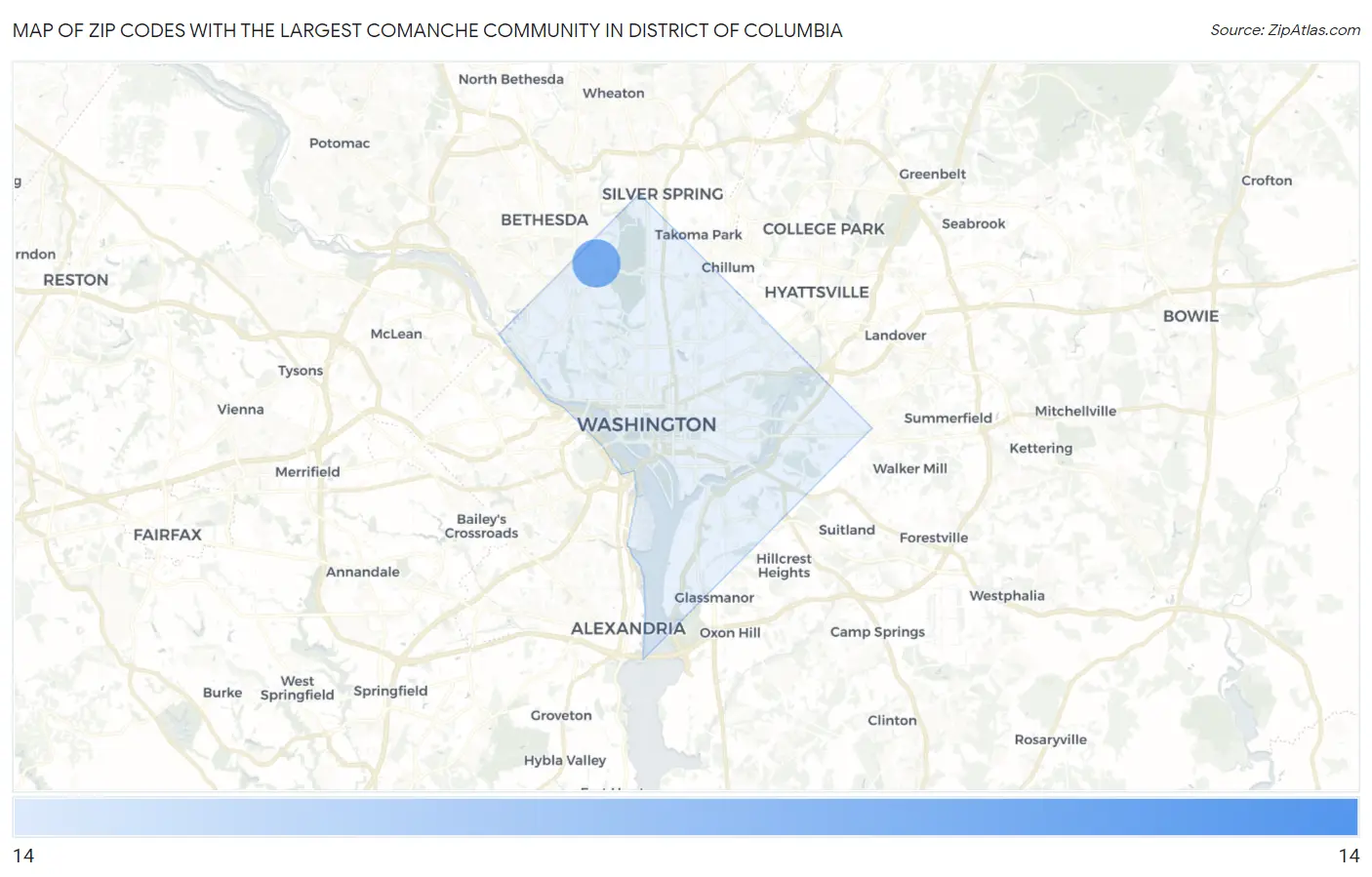 Zip Codes with the Largest Comanche Community in District Of Columbia Map