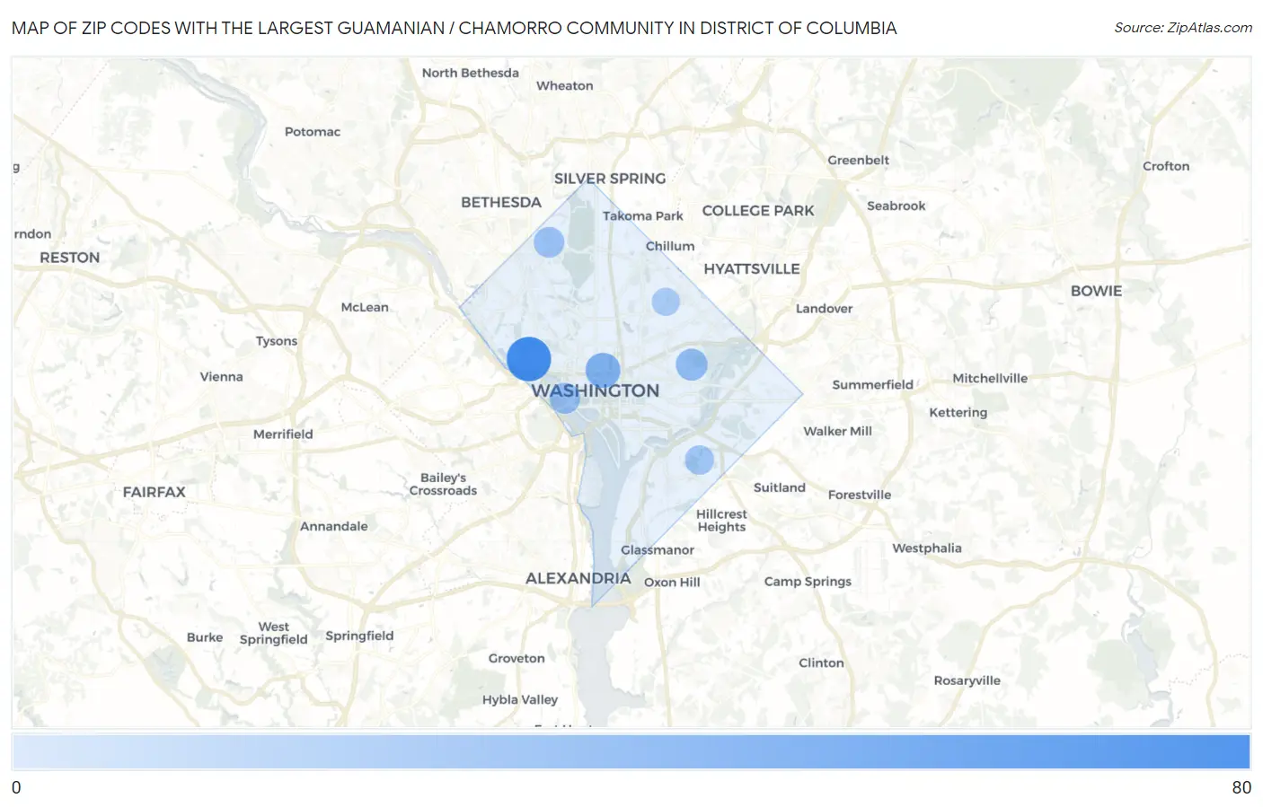 Zip Codes with the Largest Guamanian / Chamorro Community in District Of Columbia Map