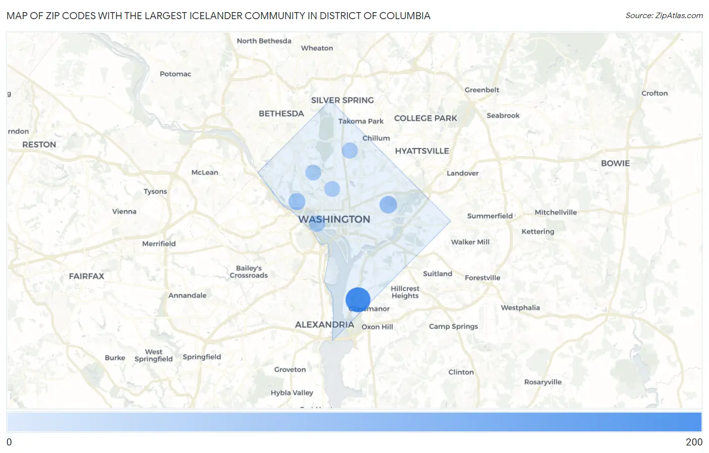 Zip Codes with the Largest Icelander Community in District Of Columbia Map