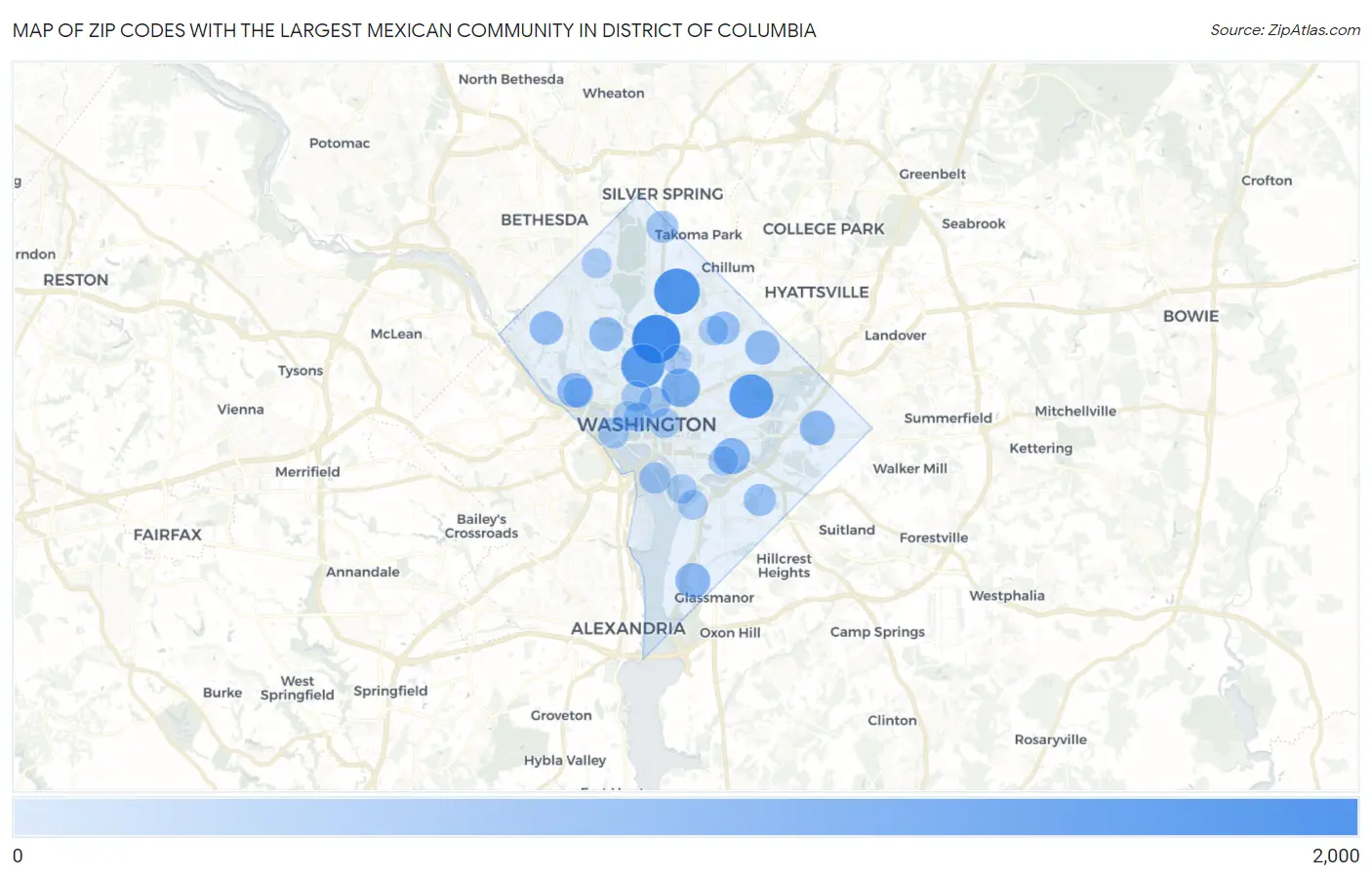 Zip Codes with the Largest Mexican Community in District Of Columbia Map