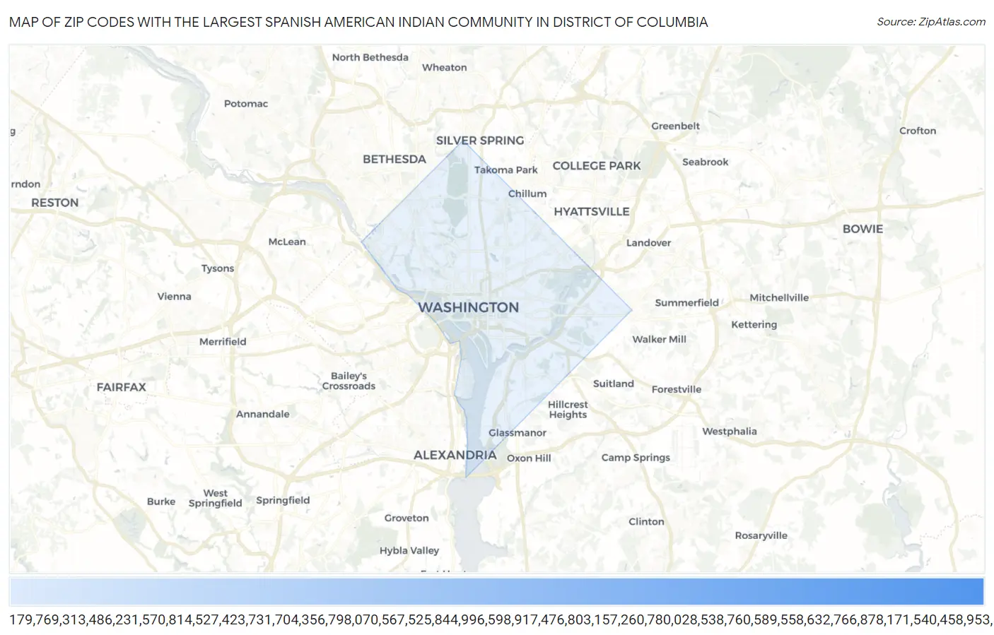 Zip Codes with the Largest Spanish American Indian Community in District Of Columbia Map