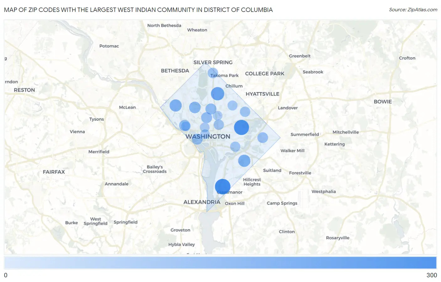 Zip Codes with the Largest West Indian Community in District Of Columbia Map