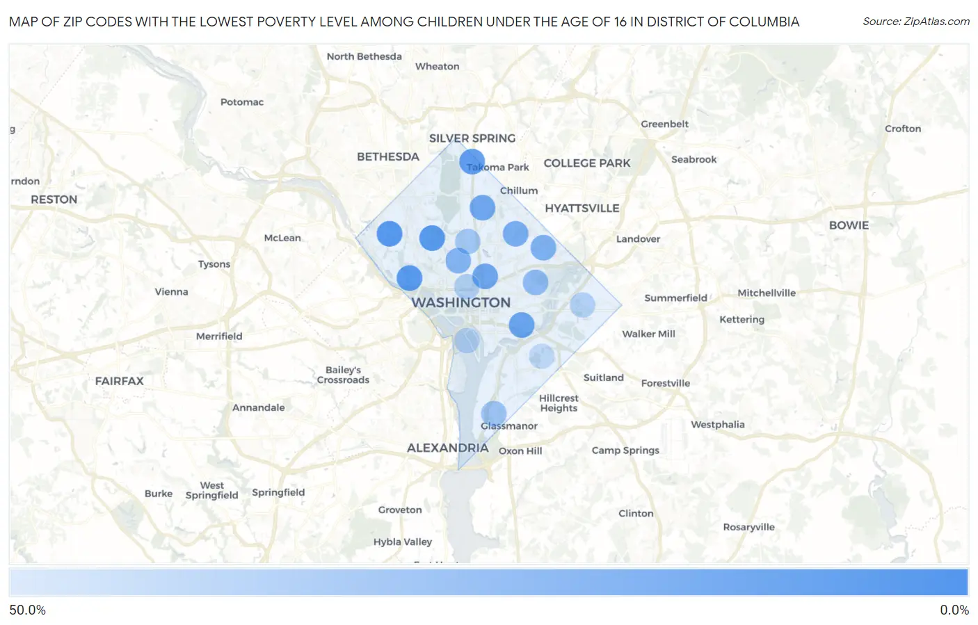 Zip Codes with the Lowest Poverty Level Among Children Under the Age of 16 in District Of Columbia Map