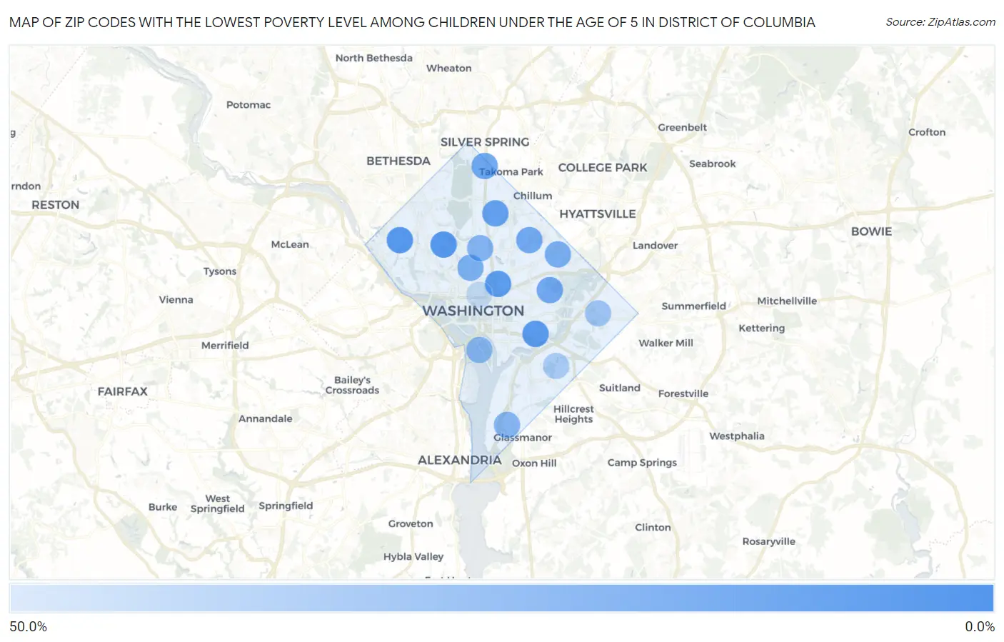 Zip Codes with the Lowest Poverty Level Among Children Under the Age of 5 in District Of Columbia Map