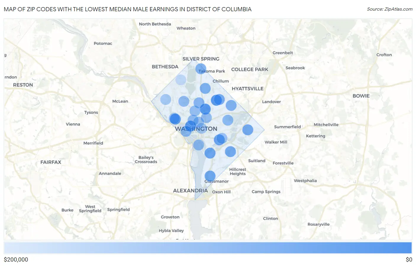 Zip Codes with the Lowest Median Male Earnings in District Of Columbia Map