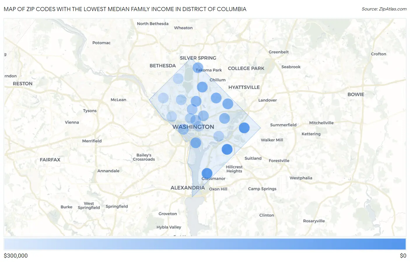 Zip Codes with the Lowest Median Family Income in District Of Columbia Map