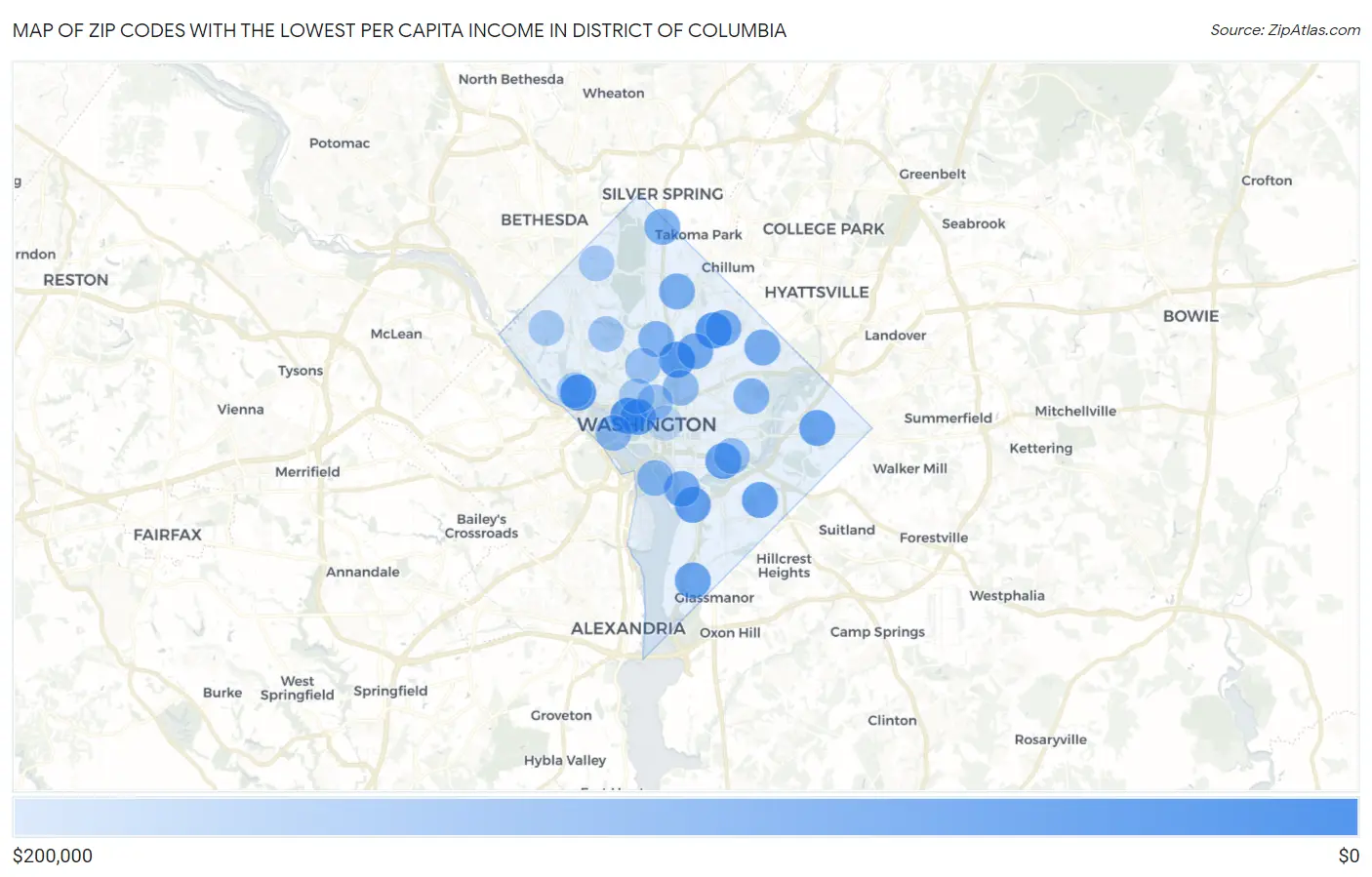 Zip Codes with the Lowest Per Capita Income in District Of Columbia Map