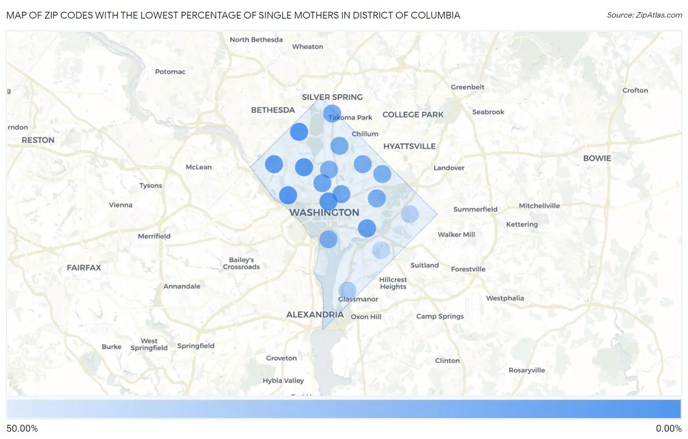 Zip Codes with the Lowest Percentage of Single Mothers in District Of Columbia Map