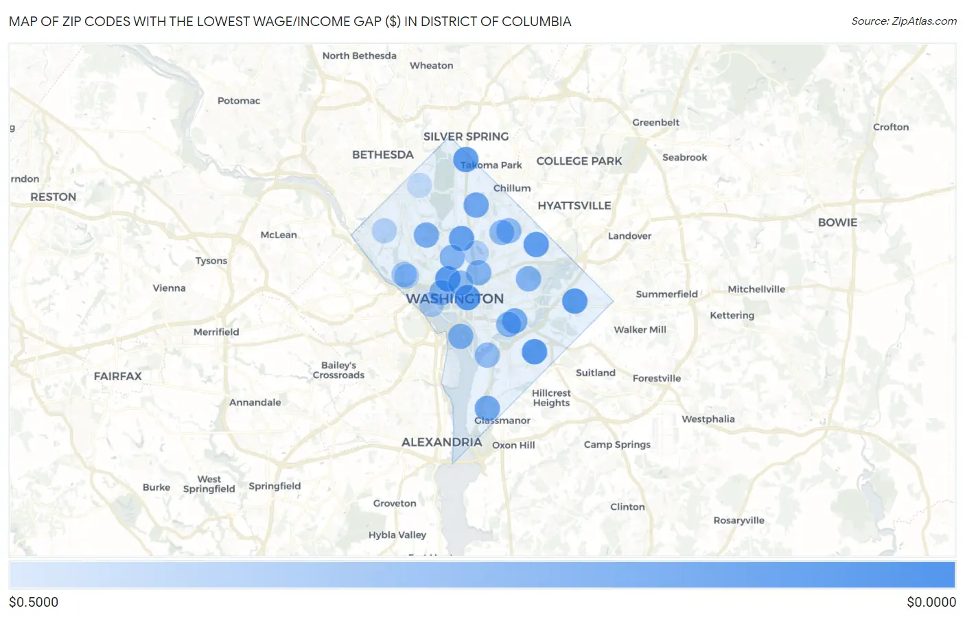 Zip Codes with the Lowest Wage/Income Gap ($) in District Of Columbia Map