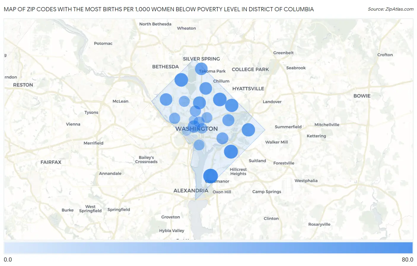 Zip Codes with the Most Births per 1,000 Women Below Poverty Level in District Of Columbia Map