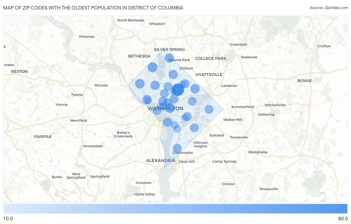 Zip Codes with the Oldest Population in District Of Columbia Map