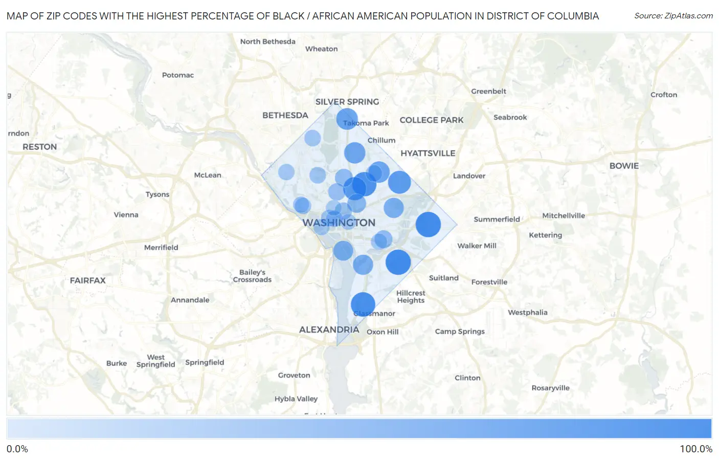 Zip Codes with the Highest Percentage of Black / African American Population in District Of Columbia Map