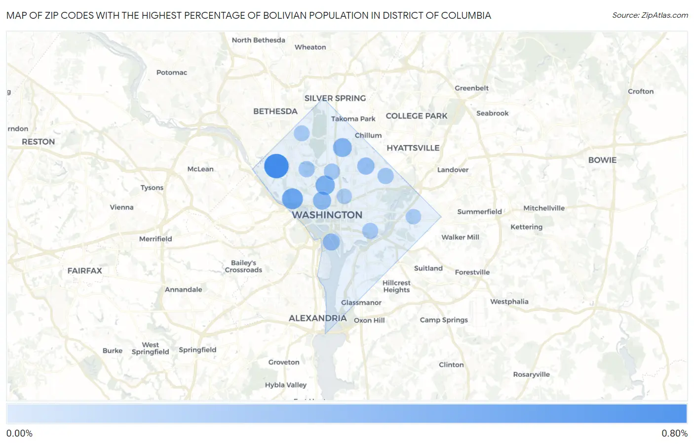Zip Codes with the Highest Percentage of Bolivian Population in District Of Columbia Map