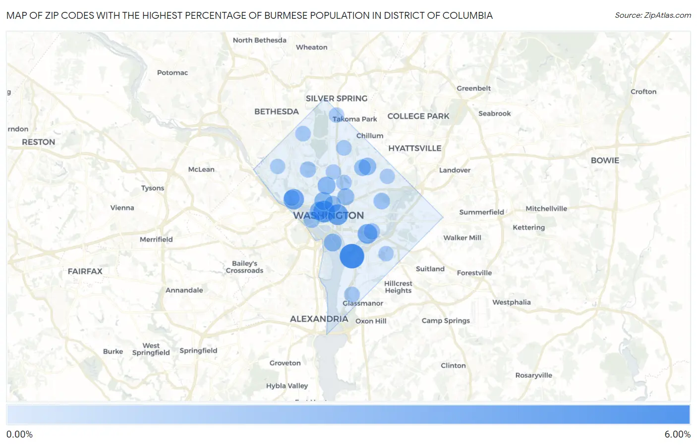 Zip Codes with the Highest Percentage of Burmese Population in District Of Columbia Map
