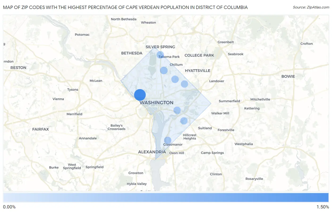 Zip Codes with the Highest Percentage of Cape Verdean Population in District Of Columbia Map