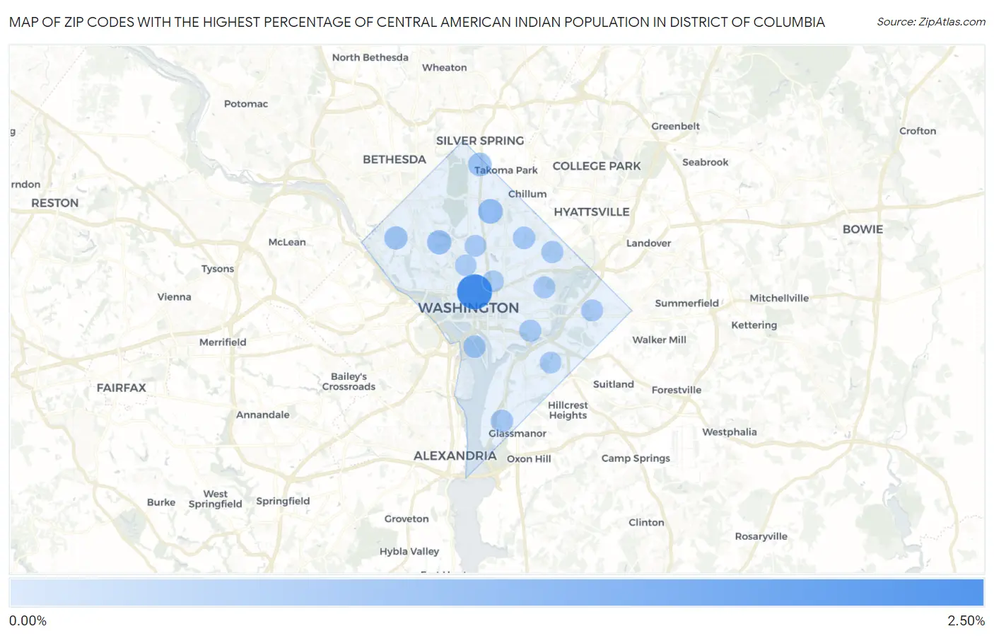 Zip Codes with the Highest Percentage of Central American Indian Population in District Of Columbia Map