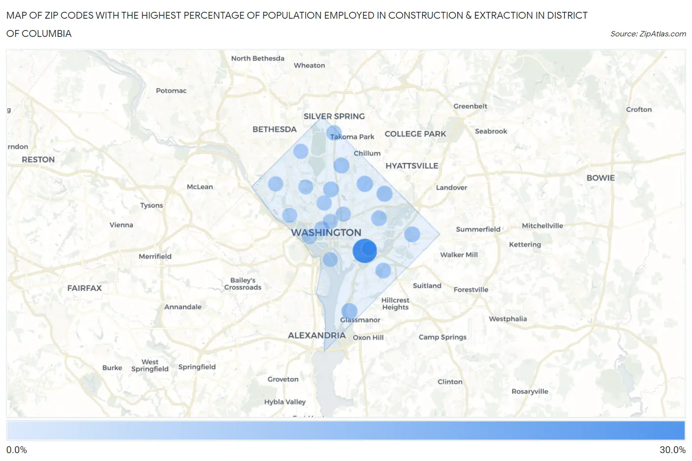 Zip Codes with the Highest Percentage of Population Employed in Construction & Extraction in District Of Columbia Map