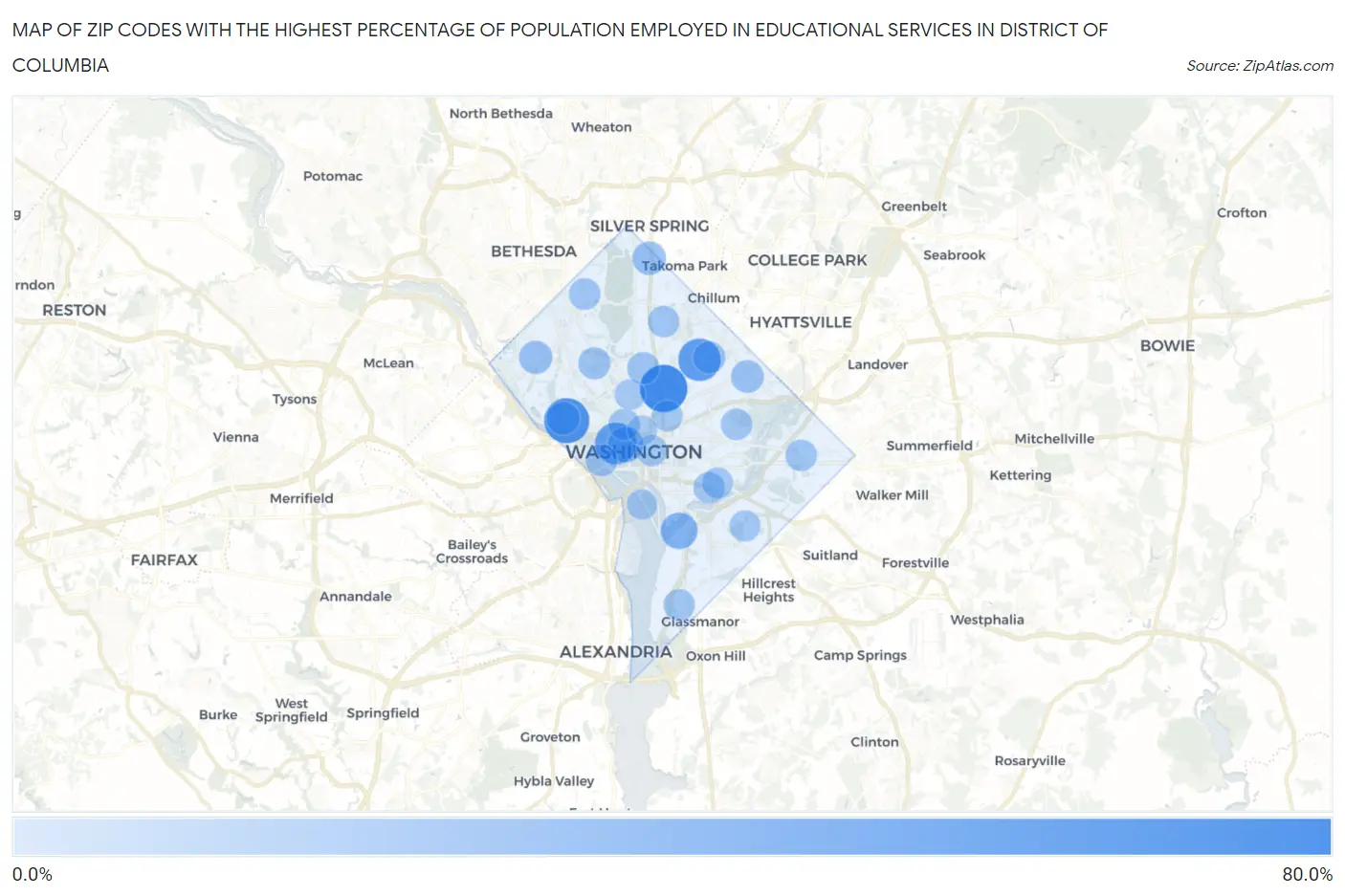 Zip Codes with the Highest Percentage of Population Employed in Educational Services in District Of Columbia Map