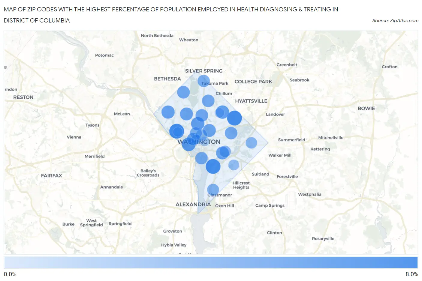 Zip Codes with the Highest Percentage of Population Employed in Health Diagnosing & Treating in District Of Columbia Map